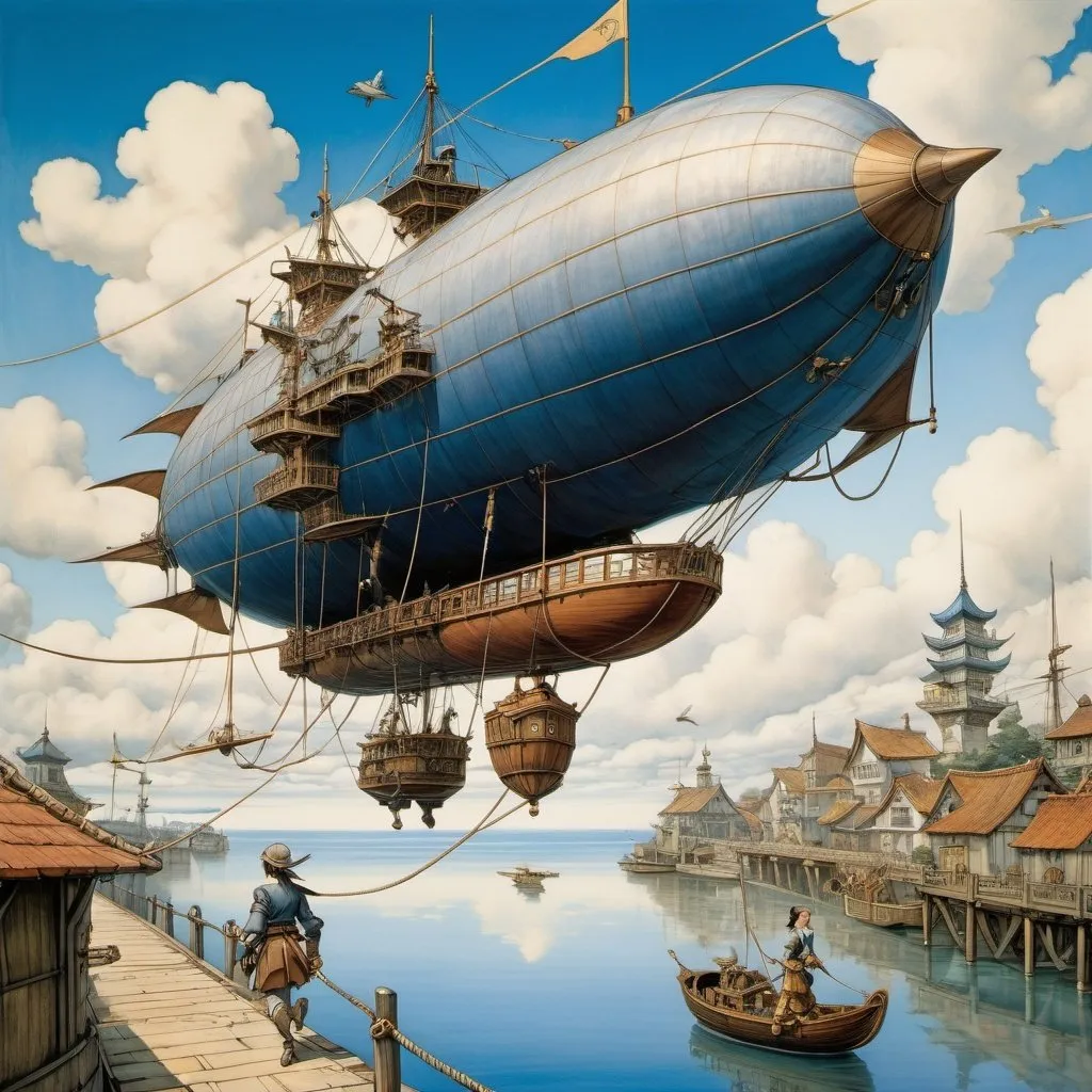 Prompt: Harold McCauley, Anton Pieck, Surreal, mysterious, bizarre, fantastical, fantasy, sci-fi, Japanese anime, airship moored to an aerial wharf, miniskirt beautiful swordsman running towards the airship on the tethered rope, perfect voluminous body, blue sky, clouds, detailed masterpiece bird’s eye views