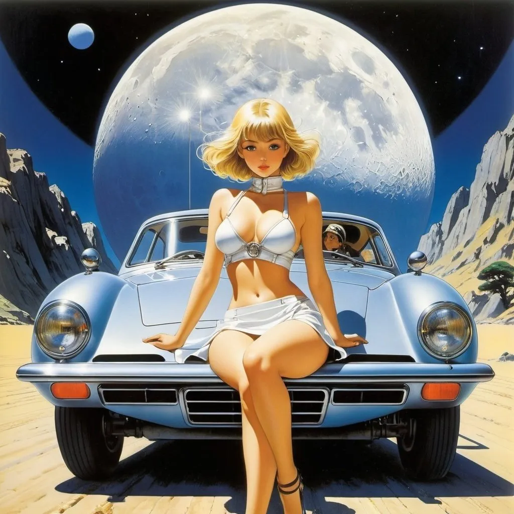 Prompt: Honor Appleton, Runa Førde, Noriyoshi Ohrai, Leon Bakst, Hajime Sorayama, Surrealism Mysterious Weird Fantastic Fantasy Sci-Fi, Japanese Anime, Tracked Car Moon, Weekend Adventure, Miniskirt Beautiful High School Girl's Excursion, perfect voluminous body, detailed masterpiec 