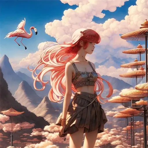 Prompt: Anton Pieck, Katsuhiro Otomo, Surreal mysterious strange fantasy SCI-FI, Japanese anime, pink flamingo, wind chimes and mini skirt girl, perfect voluminous body, far mountains, detailed masterpiece 