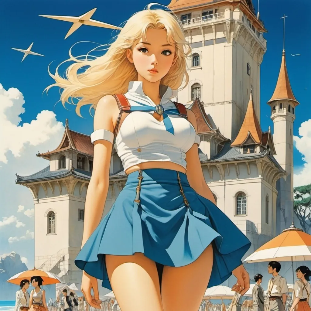 Prompt: Ben-Hur Baz, Tatsuyuki Tanaka, Ata Bozaci, Conrad Roset, François-Louis Schmied, Surrealism Mysterious Weird Fantastic Fantasy Sci-Fi, Japanese Anime, Starfish Hunting on the Star Coast, Tower of Entropy and Blueprints, Miniskirt Beautiful High School Girl, perfect voluminous body, detailed masterpiece 