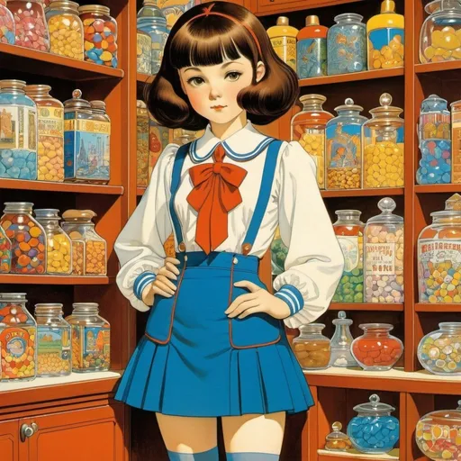 Prompt: Mabel Attwell, Winsor McCay, Maurice Sendak, HELENE NYCE, Surrealism Mysterious Bizarre Fantastic Fantasy Sci-Fi, Japanese Anime,  Stationery Country, Candy Keeper Miniskirt Beautiful High School Girl, perfect voluminous body, detailed masterpiece 