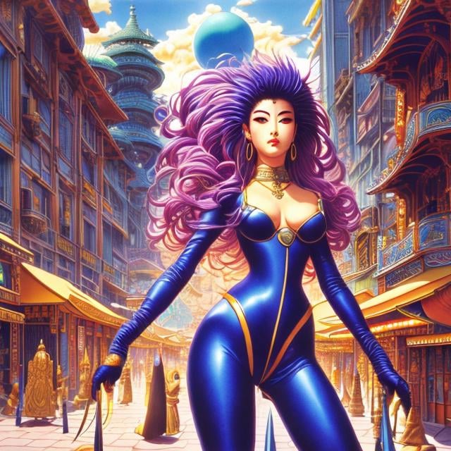 Prompt: Masamune Shirow, Jean Giraud, Surreal, mysterious, strange, fantastical, fantasy, Sci-fi, Japanese anime, polyhedral cosmology, beautiful circus girl, perfect voluminous body, town square, detailed MAs 