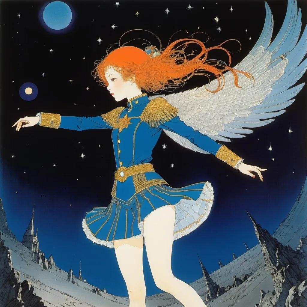 Prompt: Harry Clarke, Lisbeth Zwerger, Emil Weiss, Ayano Imai, Kōji Fukiya, Surrealism, wonder, bizarre, bizarre, fantasy, Sci-fi, Japanese anime, flying over the stars, comet hunting, starship lurking in the blue darkness, miniskirt beautiful girl captain, perfect voluminous body, detailed masterpiece 