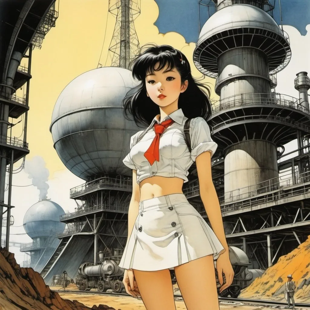 Prompt: Arthur Rackham, Naoyuki Kato, Chiho Saito,Jacques Tardi, Takeo Takei,  Surrealism Mysterious Bizarre Fantastic Fantasy Sci-Fi, Japanese Anime Miniskirt Beautiful Engineer at an Underground Solar Power Plant, perfect voluminous body, detailed masterpiece 