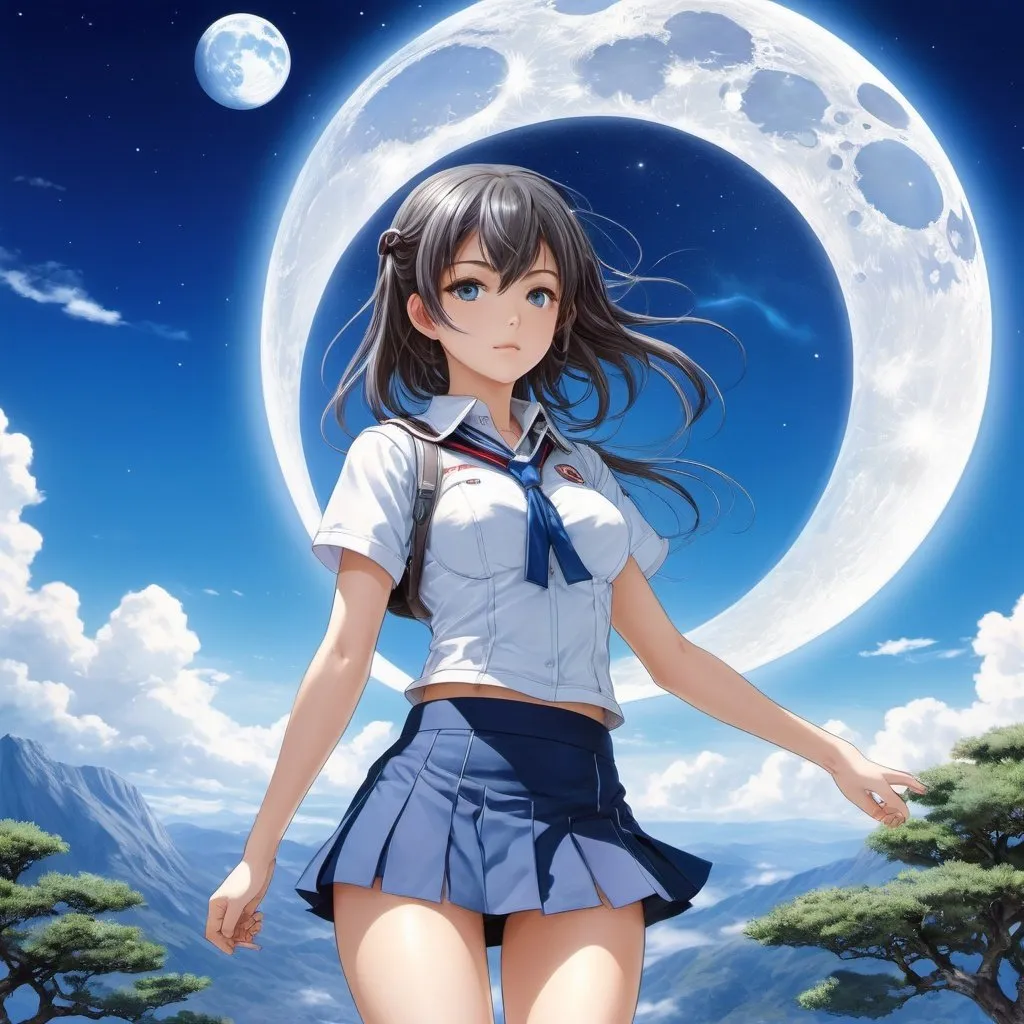 Prompt: Clovis Trouille, Akihiko Yoshida, Surreal, mysterious, strange, fantastical, fantasy, Sci-fi, Japanese anime, earth frame, orbital axis of the moon and the earth, miniskirt beautiful high school girl, perfect body, transparent blue sky, detailed masterpiece 