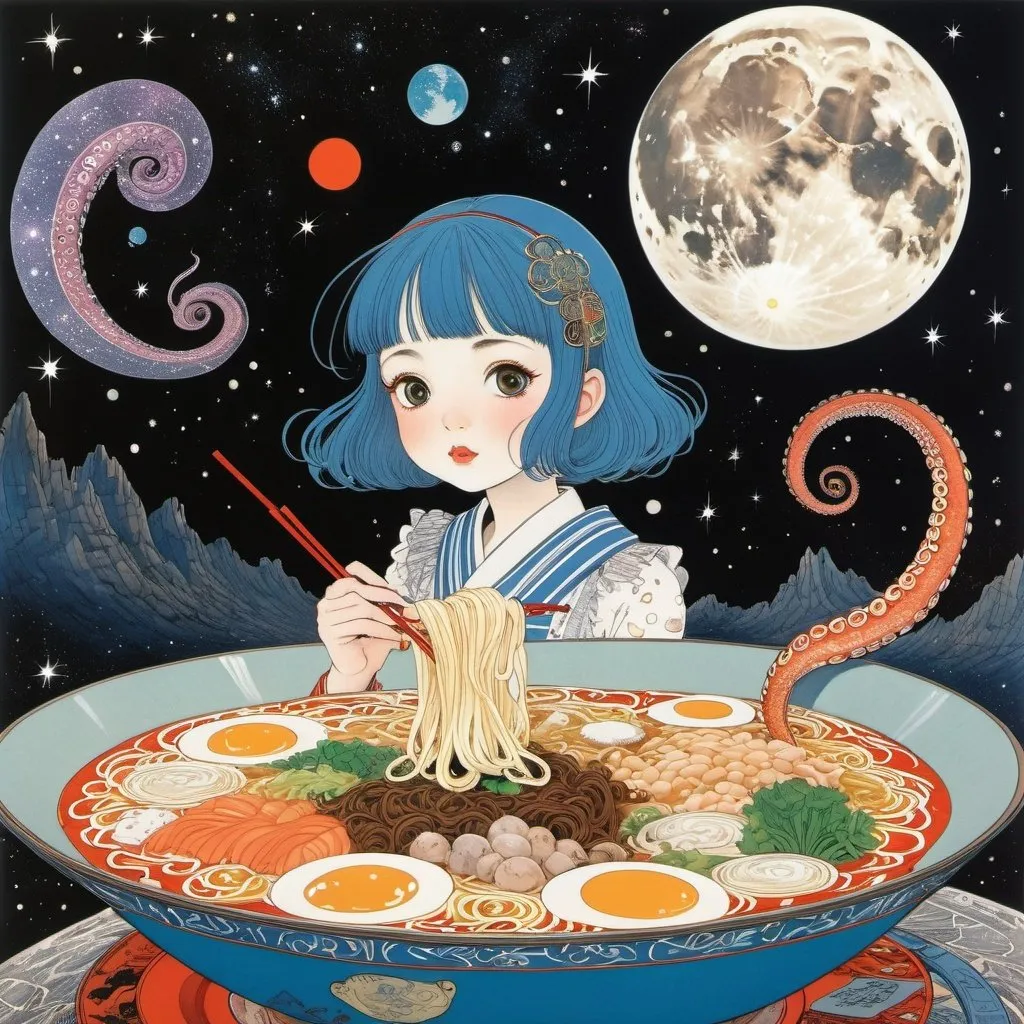 Prompt: Harry Clarke, Mabel Attwell, Maurice Sendak, Heikala, Surreal, mysterious, bizarre, fantastical, fantasy, Sci-fi, Japanese anime, Ramen stall on the moon, Beautiful high school girl in a miniskirt loves ramen, perfect voluminous body, An octopus-shaped Martian also came to eat ramen, Galaxy Nebula, detailed masterpiece 