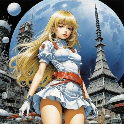 Prompt: Naoyuki Kato, Katsuhiro Otomo, Masamune Shirow, Freeman Elliott, Surrealism Mysterious Weird Fantastic Fantasy Sci-Fi, Japanese Anime, Earth, Moon, and Blonde Miniskirt Beautiful Girl Alice, perfect voluminous body, detailed masterpiece hand coloured drawings hyper fine lines 