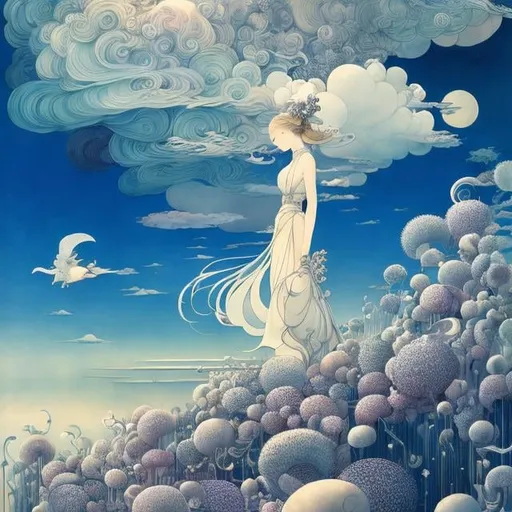 Prompt: Kay Nielsen, Kiyohiko Azuma, Surreal, mysterious, strange, fantastical, fantasy, Sci-fi, Japanese anime, flock of flying sheep, pasture in the sky, beautiful girl on a bicycle, perfect body, detailed masterpiece, low angles perspectives 