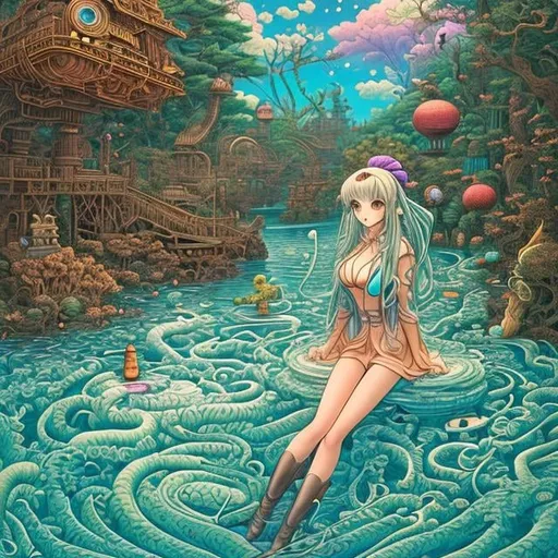 Prompt: Jim Woodring, Dave Gibbons, Surreal, mysterious, strange, fantastical, fantasy, Sci-fi, Japanese anime, great river in the basement, sinking galaxy, steam-powered miniskirt beautiful girl, perfect volume body, 