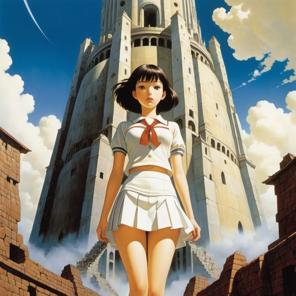 Prompt: Kenji Tsuruta, Hannes Bok, Hilda Cowham, Katharine Cameron, Chris Van Allsburg, Surrealism Mysterious Weird Fantastic Fantasy Sci-fi, Japanese Anime Artificial Paradise Device Collapse and Reconstruction of the Tower of Babel Miniskirt Beautiful High School Girl, perfect voluminous body, detailed masterpiece 