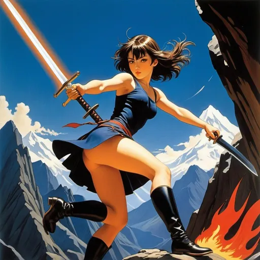 Prompt: Emma Rendel, Åsa Ekström, Merwan Chabane, Koloman Moser, Surrealism, mysterious, bizarre, fantastical, fantasy, Sci-fi, Japanese anime, beating the flames, miniskirt beautiful girl swordsmith, perfect voluminous body, sword that can cut through mountains, detailed masterpiece 