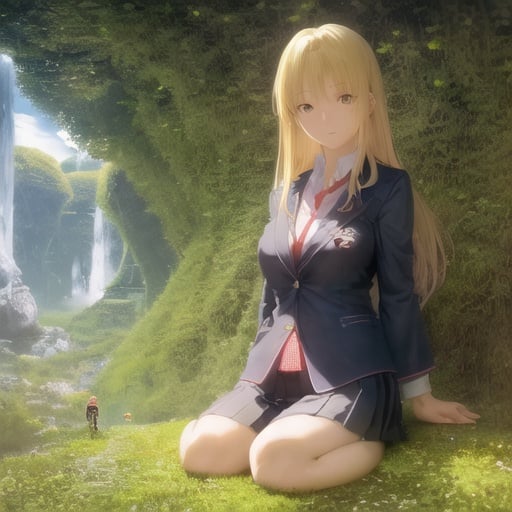Prompt: Megumi Tachikawa, Jacek Yerka, Surreal, mysterious, strange, fantastical, fantasy, Sci-fi, Japanese anime, blonde miniskirt beautiful girl Alice, bicycle trip between day and night, perfect voluminous body, detailed masterpiece 