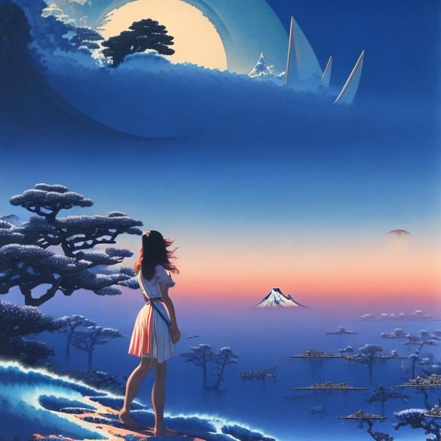 Prompt: Bruce Pennington, Hokusai, Surreal, mysterious, strange, fantastical, fantasy, Sci-fi Japanese anime, words/concepts and images, continuity, transformation, and difference, place, placement, and activity, geometry, miniskirt beautiful girl Alice, projection, representation, and expression, hyper detailed masterpiece high resolution definition quality, depth of field cinematic lighting 