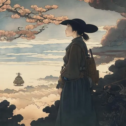 Prompt: Arthur Rackham, Ukiyo-E Katsuhiro Otomo style, Japanese high school girl, short dark hair, looking up sky above, spacecraft in the sky, blue sky with clouds. manga lines, cowboy shot