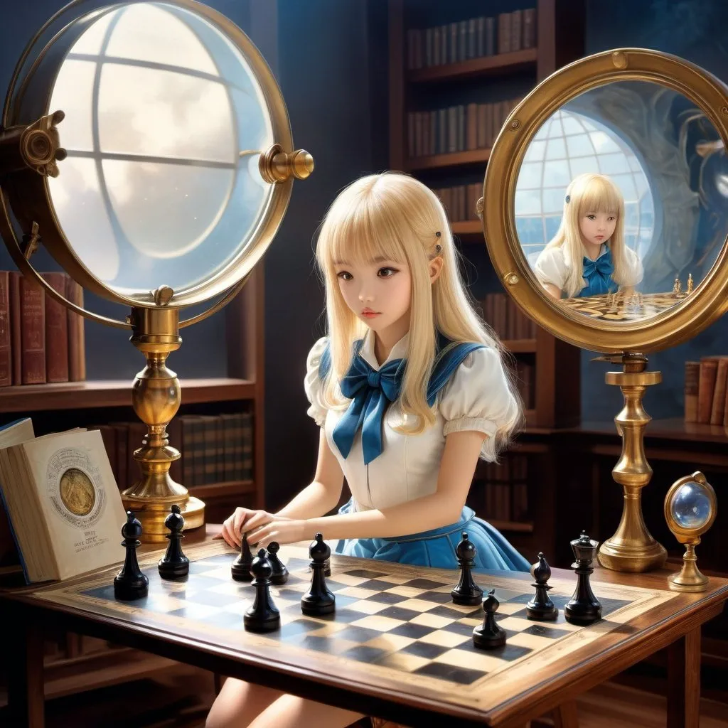 Prompt: Kelly Freas, Yumiko Igarashi, Surreal, mysterious, strange, fantastical, fantasy, Sci-fi, Japanese anime, old books, telescope, chessboard, mirror, blonde miniskirt beautiful girl Alice, perfect Voluminous body, detailed masterpiece sharp focus bird’s eye view perspectives cinematic lighting 