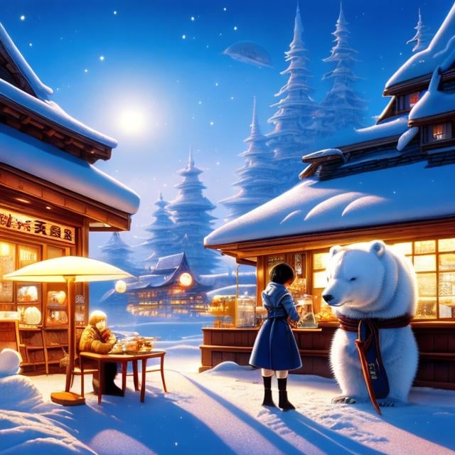 Prompt: Ron Turner, Akira Toriyama, Surreal, mysterious, strange, fantastical, fantasy, Sci-fi, Japanese anime, Mr Polar Bear, at a cafe with a beautiful human girl in a miniskirt, perfect voluminous body, in a winter town, detailed masterpiece 