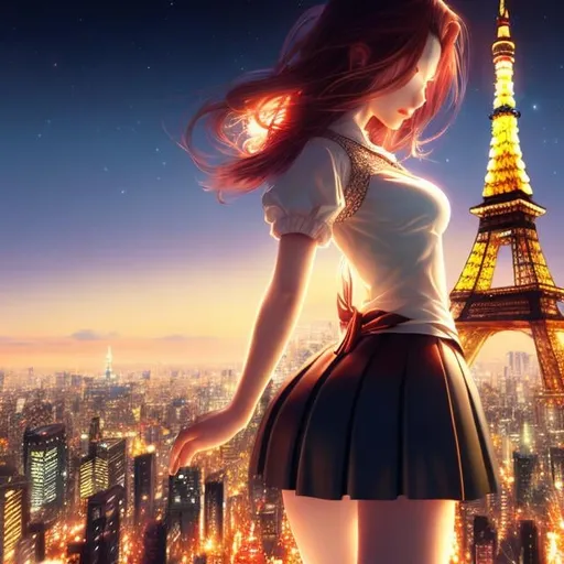 Prompt: Yoshitaka Amano, Richard Doyle, Surreal, mysterious, strange, fantastical, fantasy, Sci-fi, Japanese anime, cropped night view, Tokyo Tower, miniskirt beautiful girl, perfect voluminous body, detailed masterpiece 