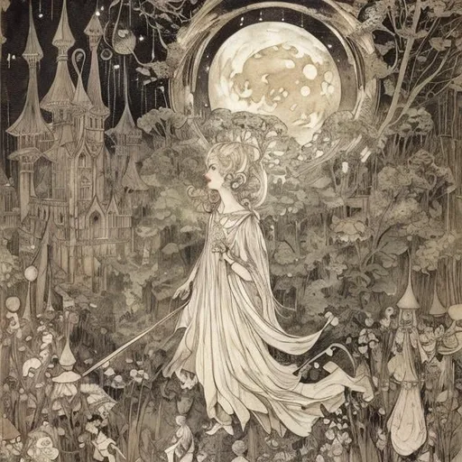 Prompt: Cicely Mary Barker, Margaret Tarrant, Virginia Frances Sterrett, street of london, 18th century, huge moon, hourglass in night, fairy lady, to a Ball, hyper detailed, Japanese anime, manga lines, high quality high resolution high definition masterpiece 