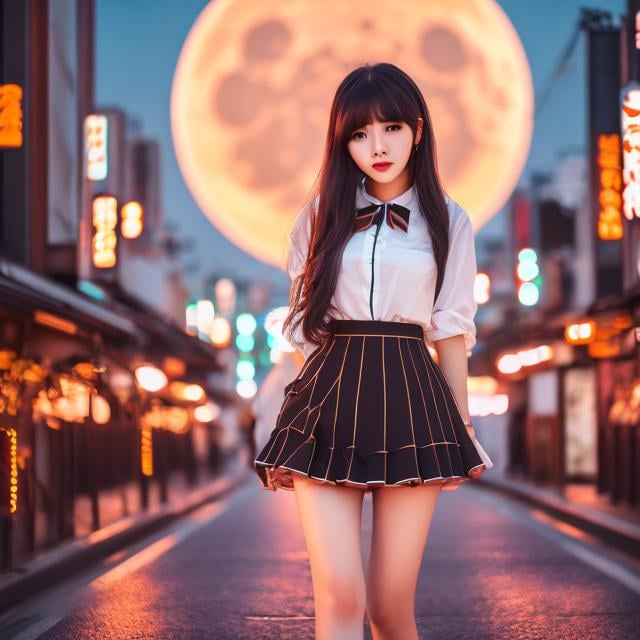 Prompt: Time Machine, huge full moon, Tokyo tower, beautiful short hair miniskirt Japanese high school girl, perfect voluminous body, circular time, ammonite clock, hyper detailed masterpiece high resolution definition quality depth of field cinematic lighting 