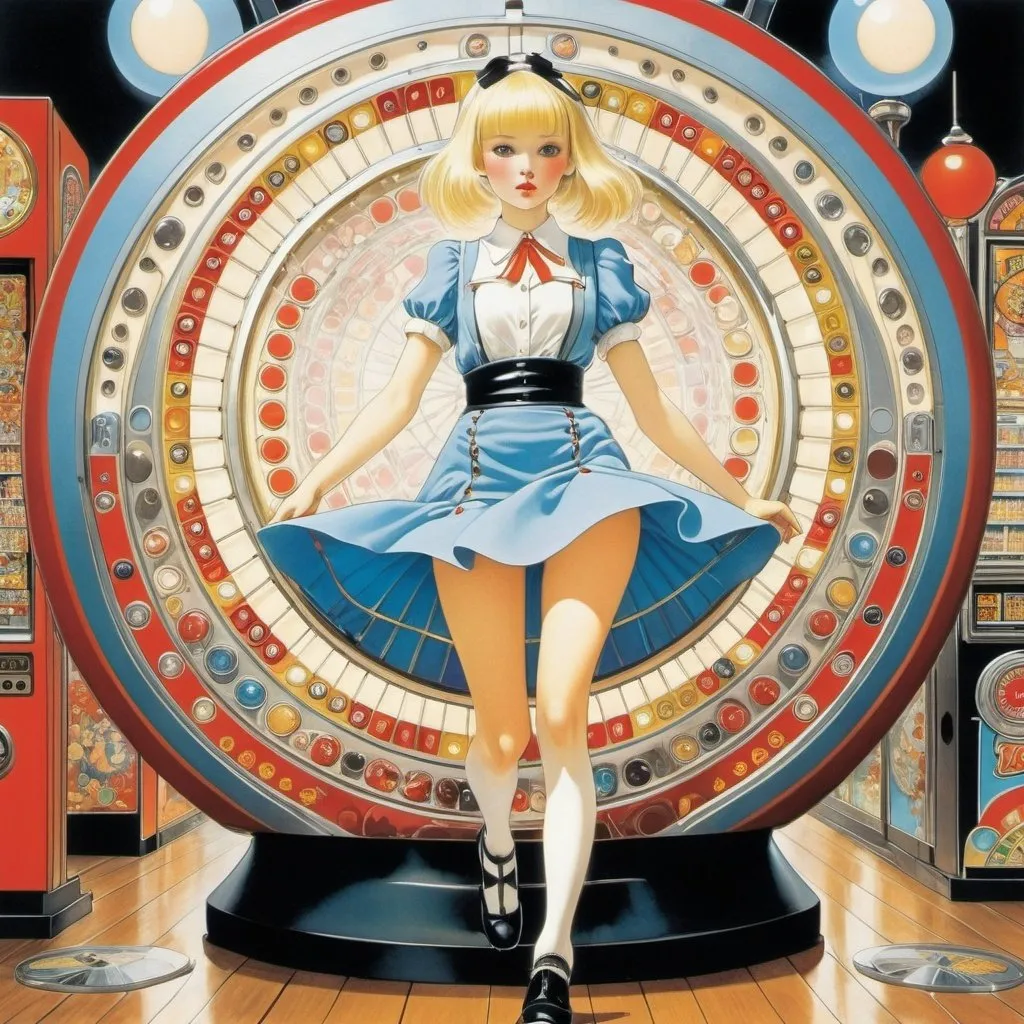 Prompt: Chris Judge, Alois Carigiet, Kay Nielsen, Antonio Rubino, Heath Robinson, Luigi Serafini, surrealism, mysterious, bizarre, fantastical, fantasy, Sci-fi fantasy, anime, Alice, a beautiful blonde mini-skirt girl who gets lost in a pachinko machine, perfect voluminous body, runs to avoid a giant pachinko ball, perspective, dynamism, detailed masterpiece low high angles perspectives 