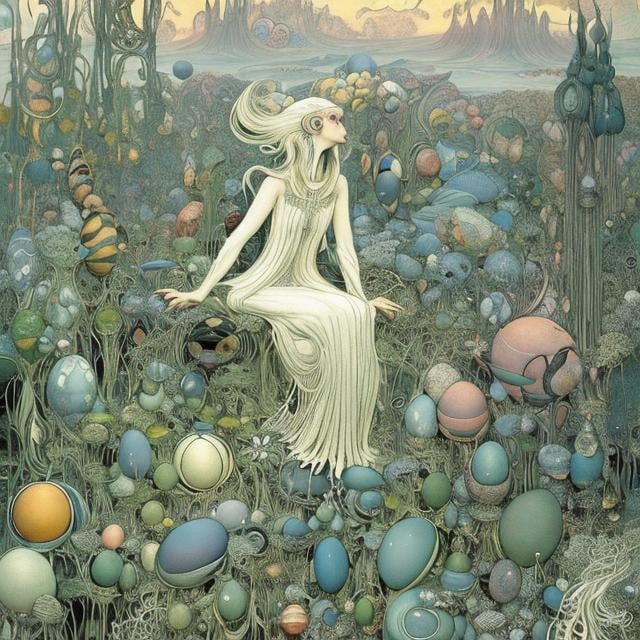 Prompt: Kay Nielsen, Elsa Beskow, Anime　surreal　wondrous　strange　Whimsical　absurderes　fanciful　Sci-Fi Fantasy　A beautiful girl, Rolling eggs　Ore Radio　Immortal birds　monorail