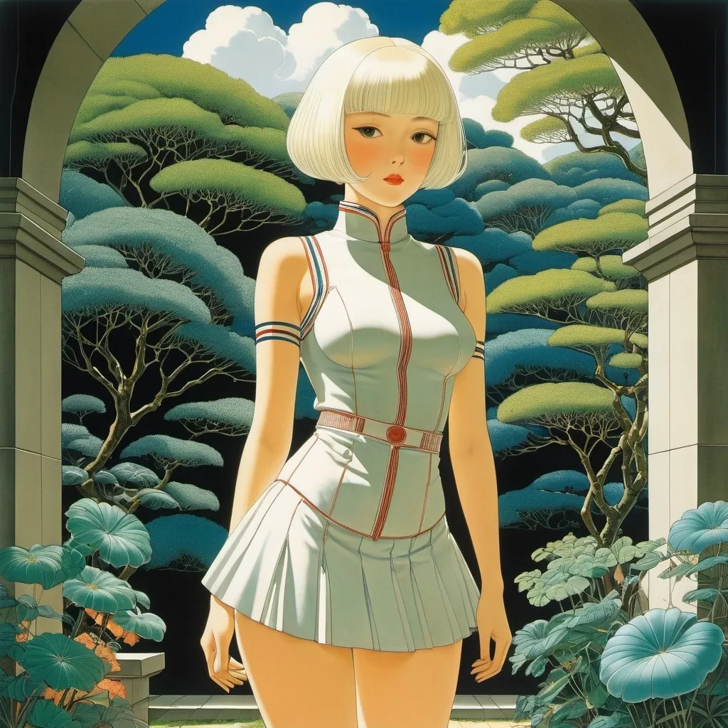 Prompt: George Barbier, Eugenio Granell, katsuhiro Otomo, Oskar Schlemmer, Pierre Brissaud, Surrealism Mysterious Weird Fantastic Fantasy Sci-fi, Japanese Anime, Painting, Garden, Architecture, Literature, Decoration, Pleasure of the Gaze, Folding Tokyo, Miniskirt Beautiful High School Girl, perfect voluminous body, detailed masterpiece 