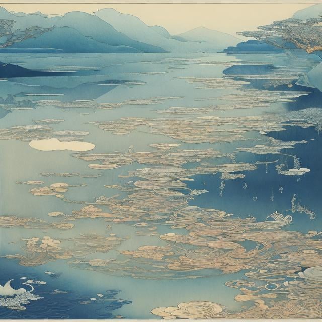 Prompt: Katsuhiro Otomo, Walter Crane, Dali, Surreal, mysterious, strange, fantastic, fantasy, Sci-fi, Japanese anime, Edo-Tokyo perspective drawing, water veins of illusions, genealogy of visions, cultivating dreams, traversing dark lands, girl scooping moonlight at the waterside, lovely perfect voluminous body, detailed masterpiece 
