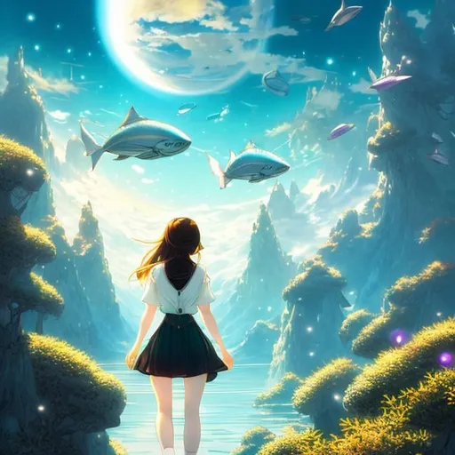 Prompt: Akihiro Yamada, Arthur Rackham Kate Greenaway, Japanese Anime Surreal Mysterious Bizarre Sci-fi Fantasy Another world beyond the wall Miniskirt high school girl peeking through the peephole Minerals Dwarfs Flying fish Standing walking cat Floating island, hyperdetailed high resolution high definition high quality masterpiece 