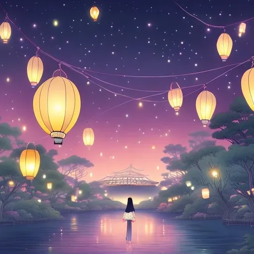 Prompt: Kate Greenaway, Japanese anime,  surreal　wondrous　strange　Whimsical　fanciful　Sci-Fi Fantasy　Toronto Night View　Flying lanterns　Solo girl, hyperdetailed high resolution high quality high definition masterpiece hand drawn illustration 