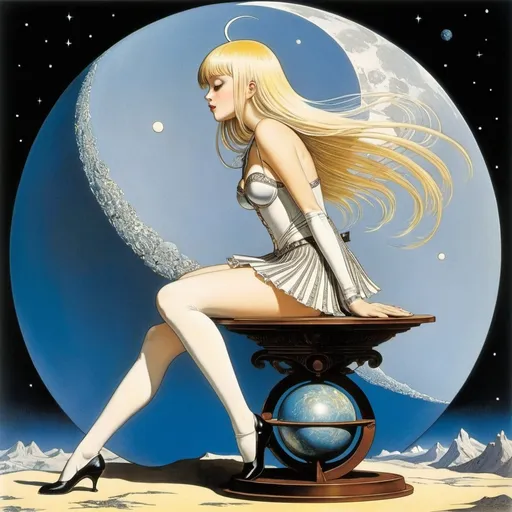 Prompt: Kay Nielsen, Rafael López, Brian Bolland, Albertine, Étienne Delessert, Surrealism, wonder, strange, fantastical, fantasy, Sci-fi, Japanese anime, optical and rolling functions of the sphere, assembling a moon globe, beautiful blonde miniskirt girl Alice, perfect voluminous body, detailed masterpiece 