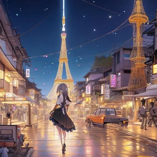 Prompt: Heath Robinson, Christian Riese Lassen Anime　wondrous　strange　Whimsical　surreal　fanciful　sci-fi fantasy night walk in the air　On electrical wires　a moon　Miniskirt schoolgirl　shooting stars　Tokyo tower hyperdetailed high definition high quality high resolution masterpiece perfect body