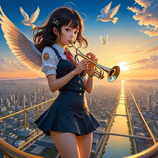 Prompt: Akira Yata, Roger Broders, Surreal, mysterious, strange, fantastical, fantasy, Sci-fi fantasy, anime, Tamagawa bank, beautiful girl in a miniskirt playing the trumpet, perfect voluminous body, sunset, spaceship, detailed masterpiece bird’s eye views