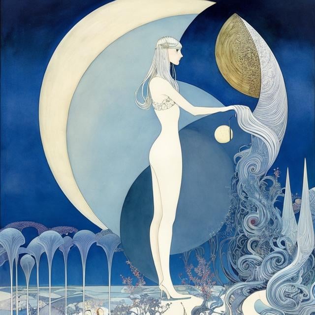 Prompt: Kay Nielsen, Heikala, Surreal, mysterious, strange, fantastical, fantasy, Sci-fi, Japanese anime, circus on the dark side of the moon, beast tamer's beautiful girl in miniskirt, pale blue space sky, detailed masterpiece 