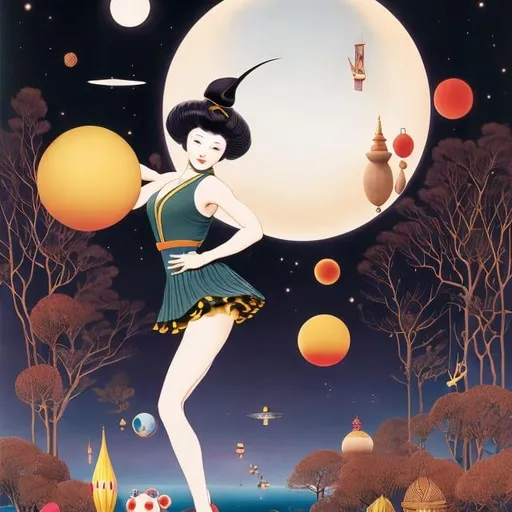 Prompt: Shigeru Hatsuyama, Virginia Frances Sterrett, colour drawings, Surreal, mysterious, strange, fantastical, fantasy, Sci-fi, Japanese anime, a beautiful girl in a miniskirt clown who smiles while performing acrobatics on a ball, short hair, boyish, perfect body, a leaping elephant, a sports car driving away, hyper detailed masterpiece depth of field cinematic lighting fine lines