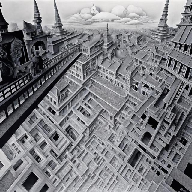 Prompt: M c Escher in full colour, Margaret Tarrant, Surreal, mysterious, strange, fantastical, fantasy, Sci-fi, Japanese anime, perspective of the lost sky, point/line perspective, parallel perspective foot method, 45° method of full-angle perspective, point method of full-angle perspective, oblique perspective Line perspective, shadow perspective/enlarged perspective, bird perspective, three-point perspective, beautiful blonde miniskirt girl Alice drawing a perspective view, detailed masterpiece 