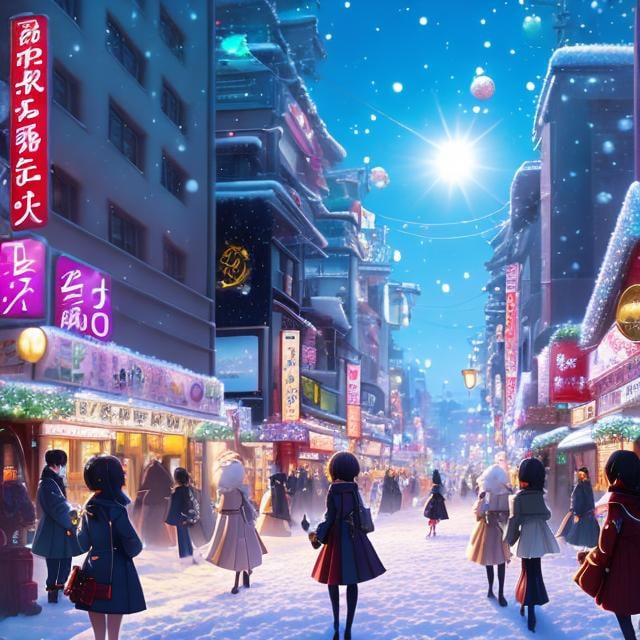 Prompt: Hirohiko Araki, Eiichiro Oda, Sui Ishida, Surreal, mysterious, bizarre, fantastical, fantasy, Sci-fi, Japanese anime, snowball fight scenery, beautiful blonde miniskirt girl Alice vs. miniskirt pretty high school girl, perfect voluminous bodies, downtown Tokyo, snowmen standing, Christmas illuminations, fun, happy, dynamic action, detailed masterpiece 