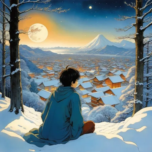 Prompt: Masakazu Katsura, Charles Vess, Surreal, mysterious, bizarre, fantastic, fantasy, sci-fi, Japanese anime, sleeping in the quiet winter blues, this city's New Year's Day, the morning light falling endlessly on the earth, the feelings in my turbulent heart that I almost forgot about, the boy accelerating and looking up at the loose sky, beautiful girl perfect body, detailed masterpiece 