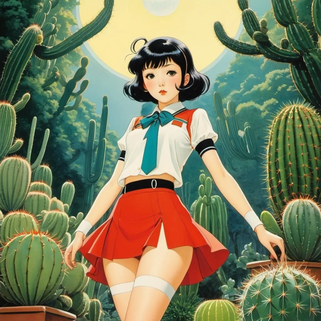 Prompt: George Barbier, Ernest Aris, Chiaki Okada, Naoyuki Kato, Phyllis Chase, Surrealism Mysterious Weird Fantastic Fantasy Sci-fi, Japanese Anime, Martian Radio, Cactus and Succulent Forest, Miniskirt Beautiful High School Girl, perfect voluminous body, detailed masterpiece 