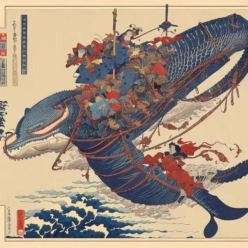 Prompt: Jean Giraud, Katsushika Hokusai Eugène Grasset Japanese Anime Sci-Fi Fantasy Circus Trapeze Flying Whale Cicada Alice at the Tea Party hyperdetailed high definition high resolution high quality masterpiece