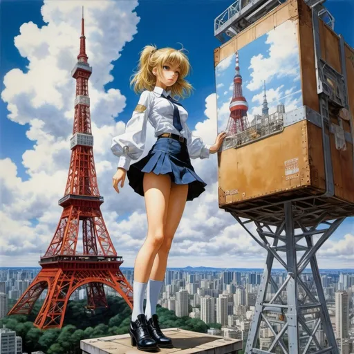Prompt: Jeanne Hebbelynck, Marcel Marlier, Masamune Shirow, Surrealism, wonder, strange, bizarre, fantasy, Sci-fi, Japanese anime, Tokyo Tower in a box, a beautiful high school girl in a miniskirt looking into the box from above, perfect voluminous body, blue sky, cumulonimbus clouds, detailed masterpiece 