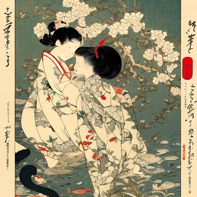 Prompt: Ukiyo-E style, Kate Greenaway,  Jessie Willcox Smith, Heikala, Alice in wonderland, hyper detailed, high resolution, high definition, high quality, masterpiece, Japanese anime, manga lines, realistic 
