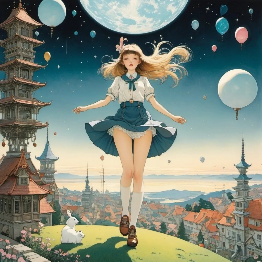 Prompt: Heath Robinson, Zbigniew Rychlicki, Grzegorz Domaradzki, Kiichi Okamoto, Johanna Basford, Surrealism, mysterious, bizarre, fantastical, fantasy, Sci-fi, Japanese anime, beautiful high school girl in a miniskirt on Easter night, perfect voluminous body, Queen of all things, constellations on earth, mines in the sky, detailed masterpiece 