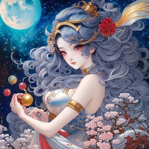 Prompt: Ukiyo-e style, Tony Sart, Margaret Tarrant Anime　surreal　absurderes　wondrous　strange　Whimsical　Sci-Fi Fantasy　Inside the theater　Floating Moon　a beauty girl Japanese anime, manga lines, hyperdetailed high quality high definition high resolution masterpiece 