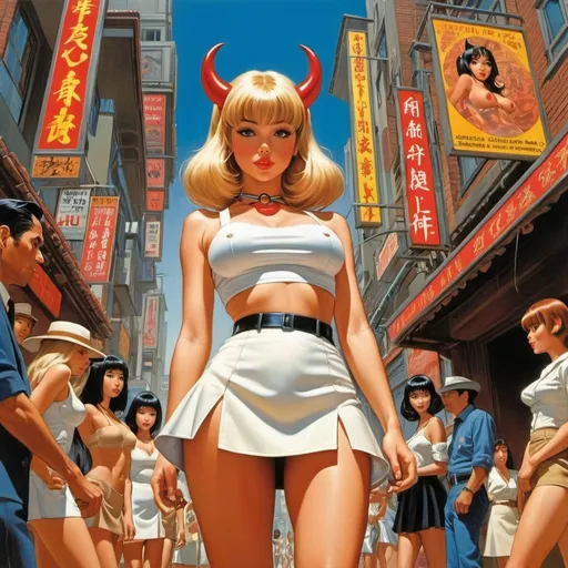 Prompt: Dave Stevens, Jon Hul, Mel Ramos, Surrealism, Mysterious, Weird, Outlandish, Fantasy, Sci-Fi, Japanese Anime, Journey to Modern Hell, Miniskirt Beautiful Little Devil Guides Tourists, perfect voluminous body, detailed masterpiece zoom in high angles 