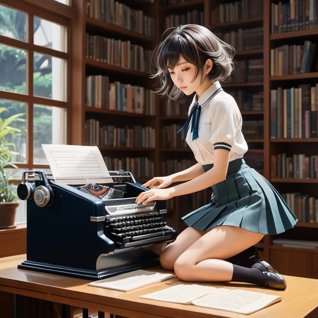 Prompt: Naoya Matsumoto, Takashi Nakamura, Surreal, mysterious, strange, fantastical, fantasy, Sci-fi, Japanese anime, record, comet in a birdcage, beautiful girl in a miniskirt playing music on a typewriter on a desk, perfect voluminous body, geometric model dancing in the air, detailed masterpiece depth of field 