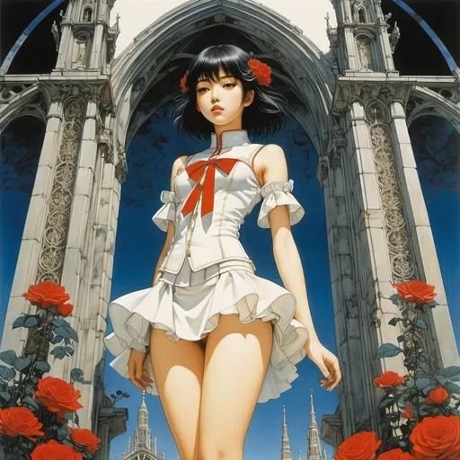 Prompt: Kumataro Ito, Allen Anderson, Jin Goto, Takato Yamamoto, Norman Saunders, Tony Taka, Surrealism Mysterious Weird Fantastic Fantasy Sci-Fi, Japanese Anime Cathedral of a Mini-Skirt Beautiful Girl Goddess, perfect voluminous body, Library of Babel” Instruction manual, blueprints, cross-sections Vacant City Cemetery of Roses, detailed masterpiece 