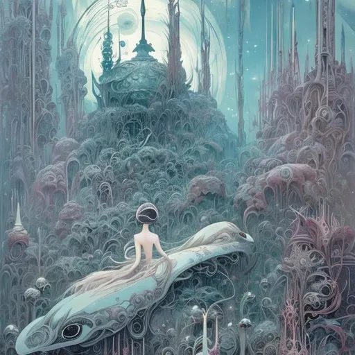 Prompt: Anato Finnstark, Kay Nielsen, Japanese  Anime　surreal　wondrous　strange　Whimsical　absurderes　fanciful　Sci-Fi Fantasy　Rolling eggs　Ore Radio　Immortal birds　monorail, solo girl, sweet innocent beautiful face, perfect body, hyperdetailed high quality high definition high resolution masterpiece