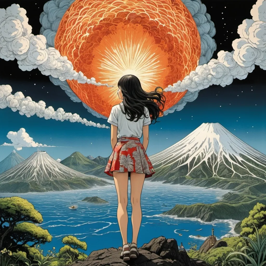 Prompt: Yuko Shimizu, Stevan Dohanos, Lebbeus Woods, Fabrizio Clerici, Josef Čapek, Surrealism, wonder, strange, fantastical, fantasy, Sci-fi, Japanese anime, blueprints and cross-sections of erupting volcanoes, perspective, free research during summer vacation, beautiful high school girl in miniskirt, perfect voluminous body, detailed masterpiece 