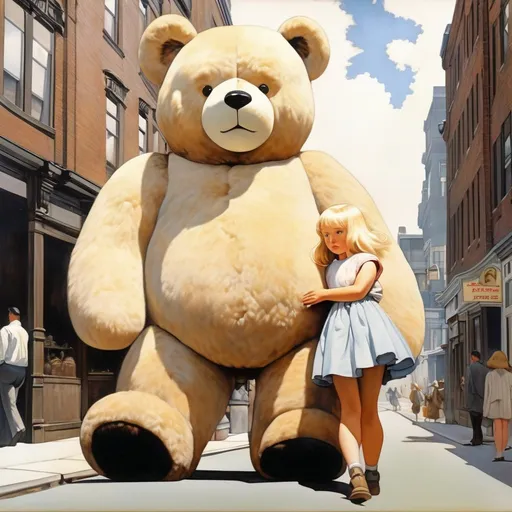 Prompt: Mabel Attwell, Andrew Wyeth, Surreal, mysterious, strange, fantastical, fantasy, sci-fi, Japanese anime, a gigantic teddy bear approximately 10 meters tall, walking through the streets of Toronto, with a beautiful blonde miniskirt girl, Alice, sitting on his shoulder, detailed masterpiece 