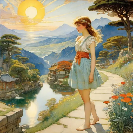 Prompt: Walter Crane, Thomas Moran, Surrealism, wonder, strange, bizarre, fantasy, sci-fi, Japanese anime, What spills out from the book is a girl, a friend, a house, a landscape, a beautiful girl in a miniskirt who has funny dreams, Eternity appears in the form of a child, and the details whisper unknowability, detailed masterpiece 
